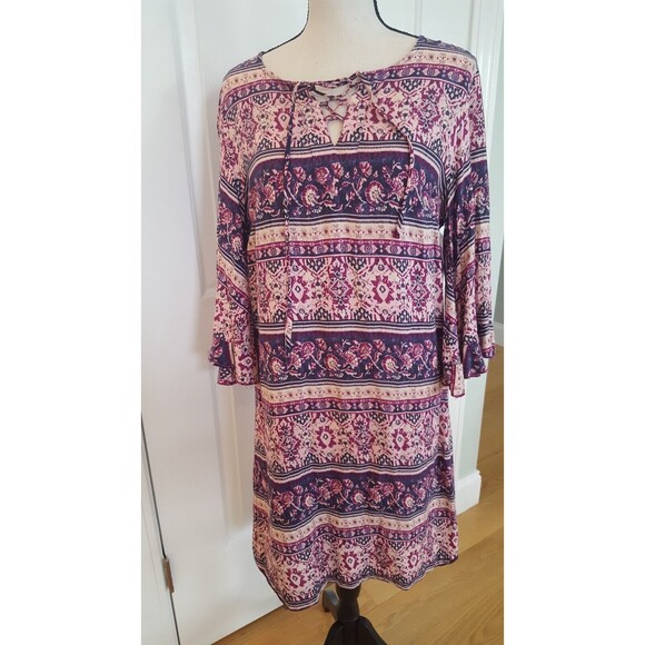 Beach‎ Lunch Lounge Dress Women's Size Med Magenta Violet Cream  ties vneck - Picture 1 of 9